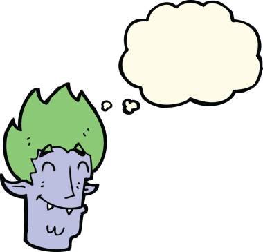 Bir insan tarafından çizilmiş düşünce balonlu mutlu vampir kafası.