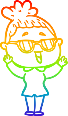 Bir insan tarafından çizilmiş gözlük takan mutlu bir kadının çizgi çizimi.