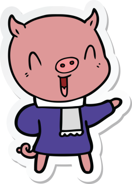 Bir insan tarafından çizilmiş kışlık giysili mutlu bir domuzun çıkartması.