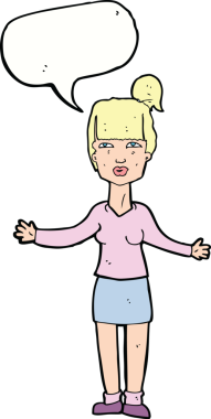 Bir insan tarafından çizilmiş konuşma baloncuğuyla omuz silken çizgi film kadını.