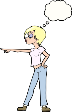 Bir insan tarafından çizilmiş düşünce balonuyla işaret eden çizgi film kadını.