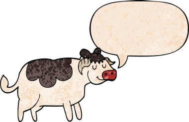 Bir insan tarafından çizilmiş eski moda konuşma baloncuklu çizgi film ineği.