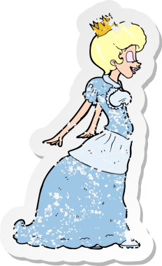 Bir insan tarafından çizilmiş karikatür prensesinin kederli retro yapıştırması.