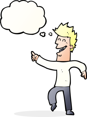 Çizgi filmci bir insan tarafından çizilmiş düşünce balonuyla gülüyor ve işaret ediyor.