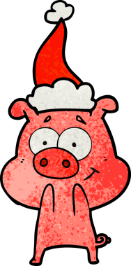 Mutlu el çizimi bir insan tarafından çizilmiş Noel Baba şapkası takan bir domuzun çizgi filmi.