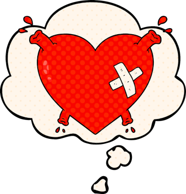 Bir insan tarafından çizilmiş çizgi roman tarzında kan fışkırtan karikatür kalbi.