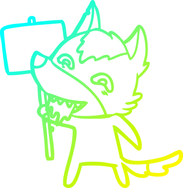 Bir insan tarafından çizilmiş tabela direğiyle aç bir kurdun soğuk çizgi çizimi.