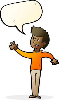 Bir insan tarafından çizilmiş konuşma baloncuğuyla el sallayan çizgi film adamı.