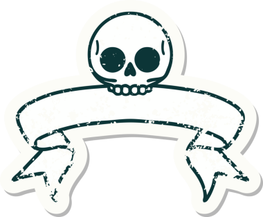 Bir insan tarafından çizilmiş kafatasının pankartıyla eski bir etiket.