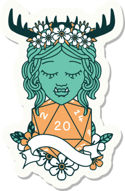 Bir insan tarafından çizilmiş 20 zarlı yarı ork Druid karakterinin çıkartması.