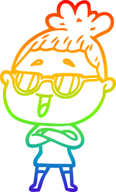 Bir insan tarafından çizilmiş gözlük takan mutlu bir kadının çizgi çizimi.