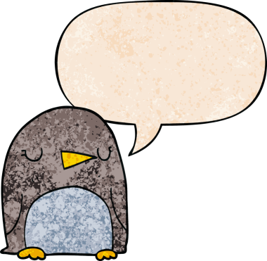Konuşma baloncuğu olan karikatür pengueni insan tarafından çizilmiş.