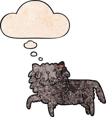 Bir insan tarafından çizilmiş grunge desenli düşünce baloncuklu çizgi film kedisi.