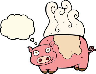 Bir insan tarafından çizilmiş düşünce balonlu çizgi film domuzu.