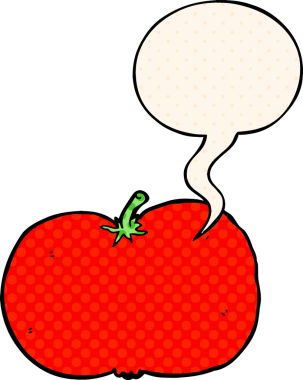Bir insan tarafından çizilmiş çizgi roman tarzında konuşma baloncuklu domates.