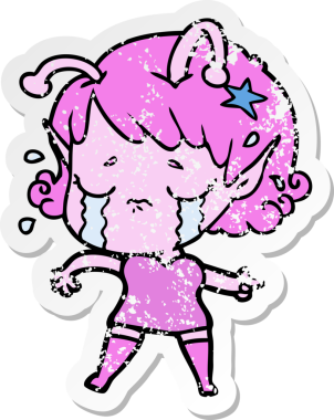 Bir insan tarafından çizilmiş, ağlayan uzaylı bir kızın sıkıntılı çıkartması.