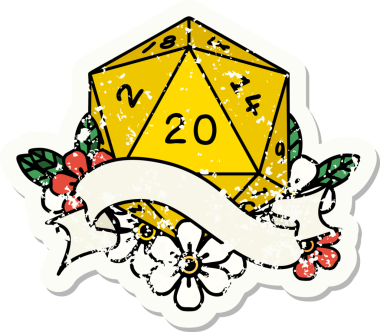 Bir insan tarafından çizilmiş 20 D20 zarının grunge çıkartması.