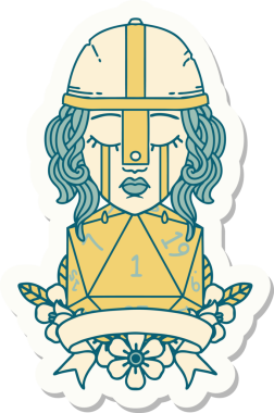 Ağlayan bir insan dövüşçüsünün çıkartması. Bir insan tarafından çizilmiş doğal bir D20 zarı var.