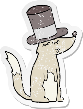 Bir insan tarafından çizilmiş silindir şapkayla ıslık çalan bir kurt çizgi film çıkartması.