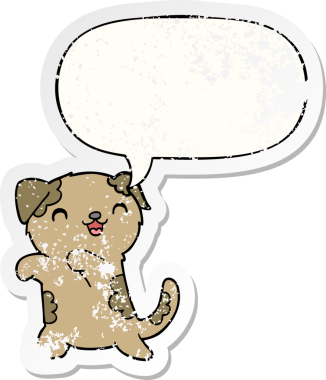 Konuşma baloncuğu olan sevimli bir çizgi film köpeği. Bir insan tarafından çizilmiş sıkıntılı eski bir çıkartma.