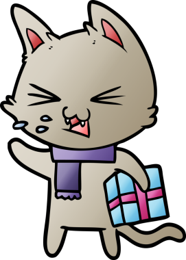 Bir insan tarafından çizilmiş Noel hediyeli tıslayan kedi çizgi filmi.