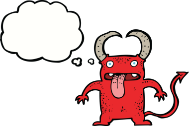 Bir insan tarafından çizilmiş düşünce baloncuğu olan küçük bir şeytan.