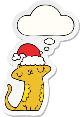 Düşünce baloncuklu Noel şapkası takan sevimli çizgi film kedisi bir insan tarafından çizilmiş çıkartma gibi.