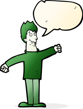 Bir insan tarafından çizilmiş konuşma balonlu mutlu vampir çizgi filmi.