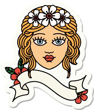 Bir insan tarafından çizilmiş çiçek taçlı kadın yüzü pankartlı dövme stili.