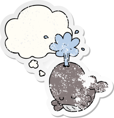 Düşünce baloncuğu ile balina fışkırtan karikatür bir insan tarafından çizilmiş yıpranmış bir çıkartma gibi