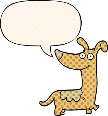 Bir insan tarafından çizilmiş çizgi roman tarzında konuşma balonu olan çizgi film köpeği.