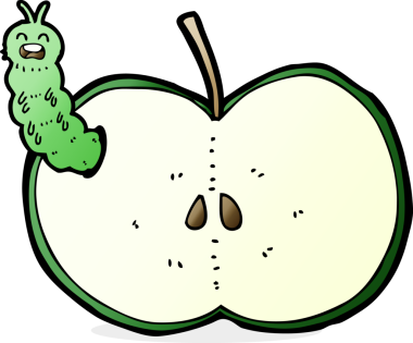 Bir insan tarafından çizilmiş elma yiyen çizgi film böceği.