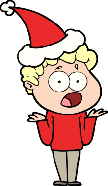 Bir insanın çizdiği Noel Baba şapkasıyla şaşırarak nefes nefese kalan bir adamın el çizimi.