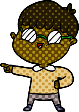 Bir insan tarafından çizilmiş gözlük takan çizgi film çocuğu.