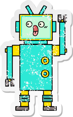 Bir insan tarafından çizilmiş sevimli bir robot çizgi film çıkartması.