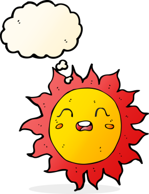 Bir insan tarafından çizilmiş düşünce baloncuklu çizgi film güneşi.