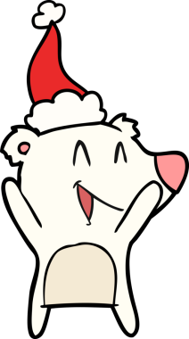 Gülen kutup ayısı el çizimi. Bir insan tarafından çizilmiş Noel Baba şapkası.