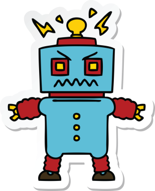 Bir insan tarafından çizilmiş garip bir el çizimi robot çıkartması.