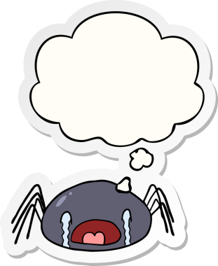 Düşünce baloncuğu insan tarafından çizilmiş bir çıkartma gibi ağlayan örümcek çizgi filmi.