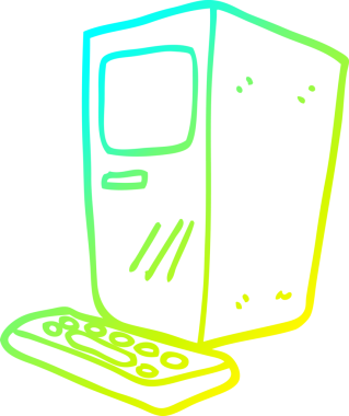 Bir insan tarafından çizilmiş bir çizgi film bilgisayarının ve klavyenin soğuk gradyan çizimi