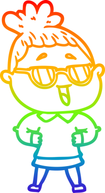 Bir insan tarafından çizilmiş gözlük takan mutlu bir kadının çizgi çizimi.