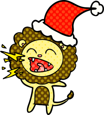 Bir insan tarafından çizilmiş Noel Baba şapkası giyen kükreyen bir aslanın el çizimi çizgi roman tasviri.