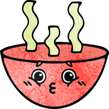 Bir insan tarafından çizilmiş sıcak çorba kasesinin retro grunge desenli karikatürü.