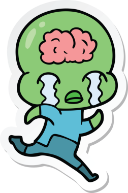 Bir çizgi film çıkartması. Bir insan tarafından çizilmiş büyük beyinli uzaylı ağlaması.