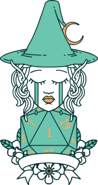 Retro Dövme Tarzı Ağlayan Elf Büyücüsü Karakteri Bir insan tarafından çizilmiş doğal bir zar ile