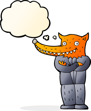 Bir insan tarafından çizilmiş düşünce balonlu tilki adam.