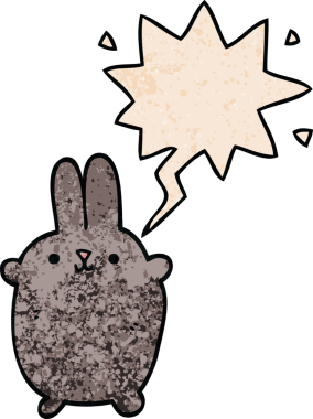 Konuşma baloncuklu çizgi film tavşanı insan tarafından çizilmiş.