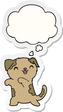 Bir insan tarafından çizilmiş bir çıkartma olarak düşünce baloncuğu olan şirin bir çizgi film köpeği.