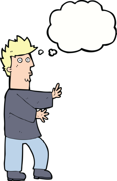 Bir insan tarafından çizilmiş düşünce baloncuğuyla el sallayan sinirli bir adam.