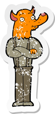 Bir insan tarafından çizilmiş tilki kafalı bir çizgi film karakterinin gerilimli çıkartması.